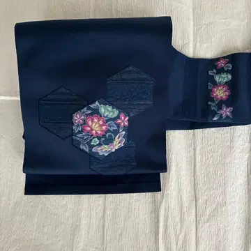 주라쿠 나고야 오비 순수 실크 네이비 컬러 낙관 있음 30 349