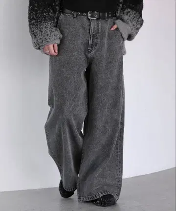 그레이 와이드 레그 데님 팬츠 벨트 포함
