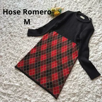 호스 로메로 리브 니트 원피스 아가일 무늬 절개 긴팔 쇼와 레트로 M