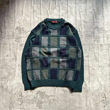 디자인 니트 M 그린 일본제 레트로 구제 의류 캐주얼 블록 체크