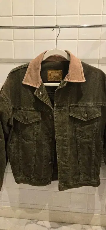 카키 데님 자켓 가죽 옷깃 GAP