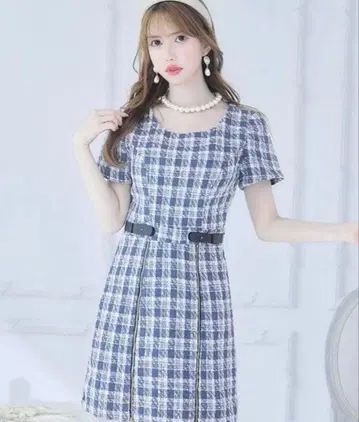 체크 무늬 트위드 드레스 허리 벨트 포함