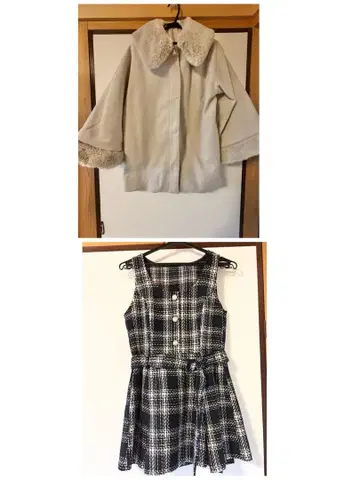 그레이 코트와 체크 무늬 원피스 세트