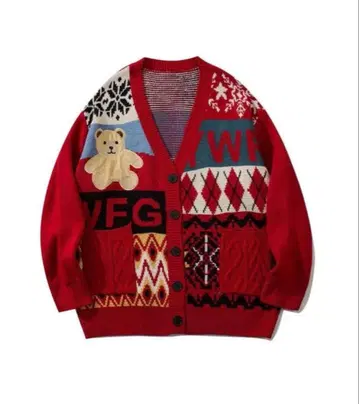 HOOK 패치워크 패턴 니트 가디건 레드