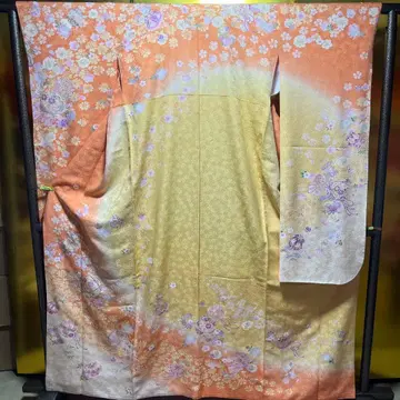 후리소데 순수 실크 성인식 마리 오렌지 옐로우 컬러