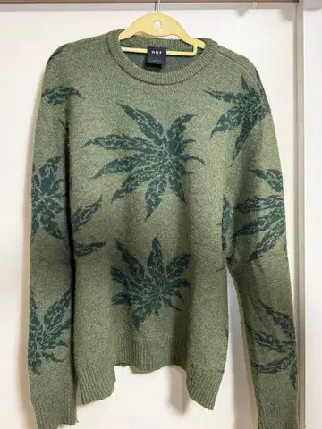 HUF 올리브 그린 잎 패턴 니트 S