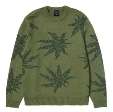 HUF 올리브 그린 잎 패턴 니트 S
