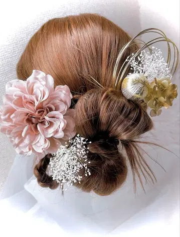 성인식 결혼식 사전 촬영 하카마 일본 의류 머리 장식 더스티 핑크 금박