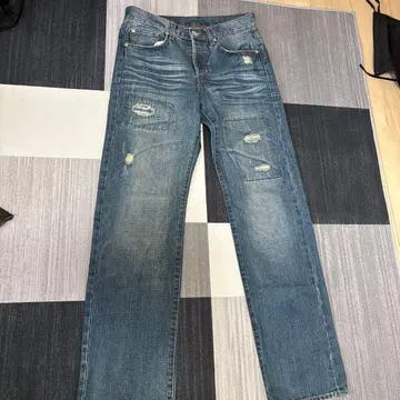 데미지 가공 스트레이트 데님 청바지 파랑