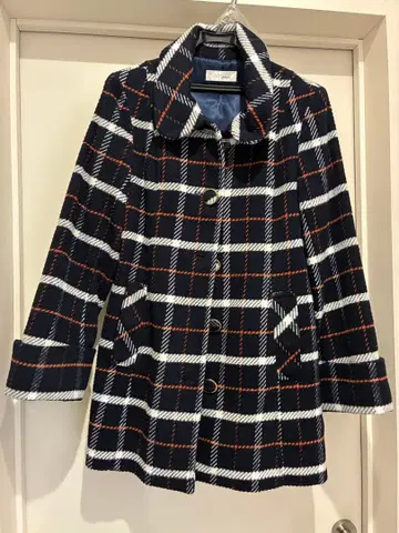 체크 무늬 피코트 네이비