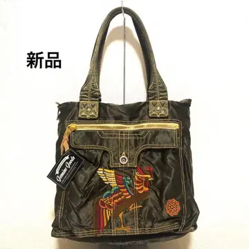 미사용 새상품 토트백 새틴 원단 주작 자수 아메카지 카키