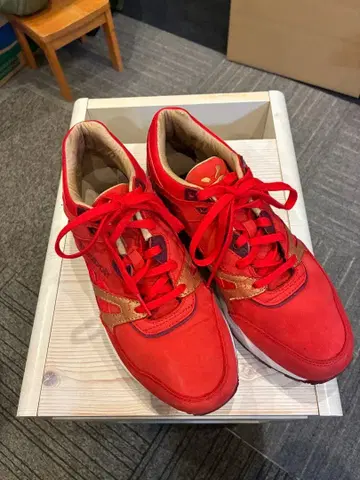 레드 스웨이드 스니커즈 골드 악센트