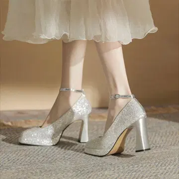 실버 글리터 앵클 스트랩 하이힐