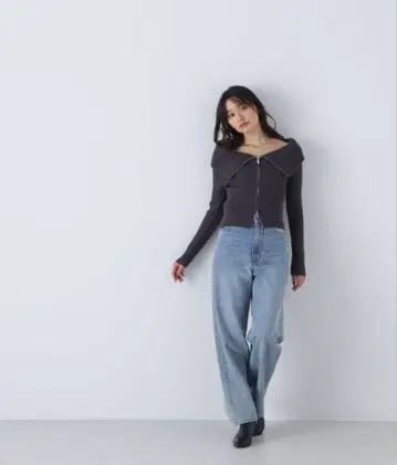 빅 칼라 더블 집업 니트 그레이