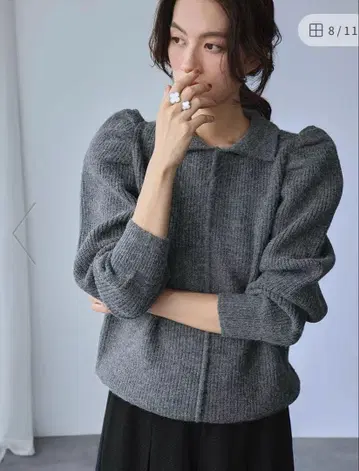 턱 슬리브 카라 부착 니트 풀오버 그레이