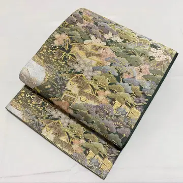 B5 풍경 무늬 금실 금통 녹색 순수 실크 육통 후쿠로 오비 포멀 O4