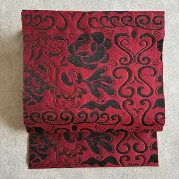 나고야 오비 팔촌 모던 꽃무늬 빨간색과 블랙