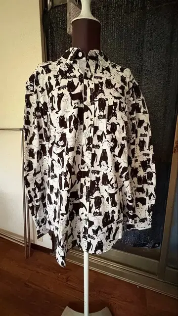 Mitsumine 고양이 패턴 긴팔 셔츠 LL