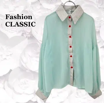 [패션 클래식] 시어 셔츠 블라우스 [F] 스카이블루 버튼 바이컬러