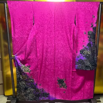 후리소데 순수 실크 성인식 로즈 핑크 검은 장미 장미