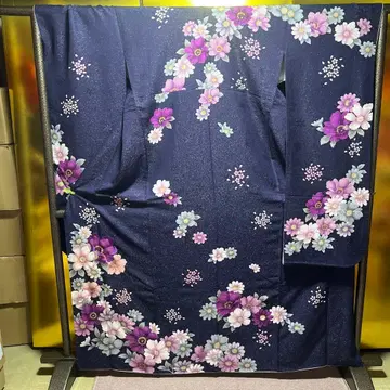 후리소데 순수 실크 성인식 은사 네이비