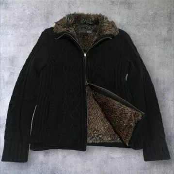 00s 케이블 니트 퍼 풀 집업 리브 블랙 시크 스타일 y2k 갸루 남자