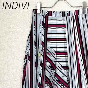 INDIVI 롱 스커트 플레어 보더 스트라이프 패턴 스커트 안감 부착