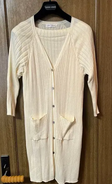 아이보리 리브 니트 가디건 7부 소매, 슬리브리스 이너 세트