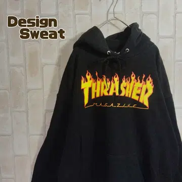 트레셔 후드티 블랙 풀오버 파이어 패턴