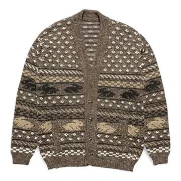 빈티지 아크릴 울 페어아일 토끼 패턴 포켓 부착 가디건