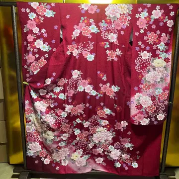 후리소데 순수 실크 성인식 빨간색