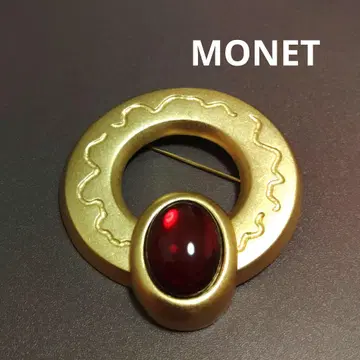 MONET 골드 원형 브로치 빨간색 돌