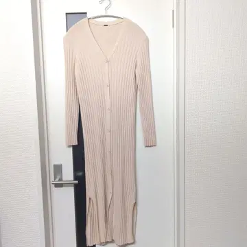 Mila Owen 리브 편직 V넥 롱 가디건 베이지 실크 혼방