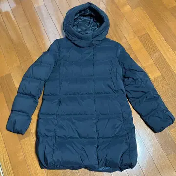 네이비 후드 부착 롱 다운 자켓