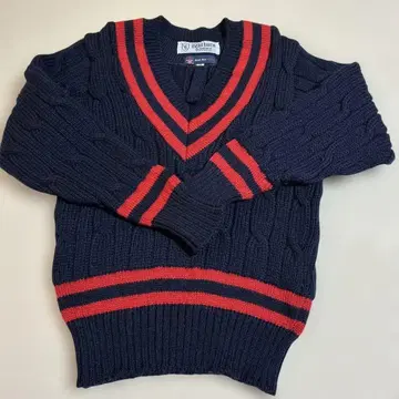 Wilburn 케이블 짜임 V넥 스웨터 38 사이즈 네이비/레드