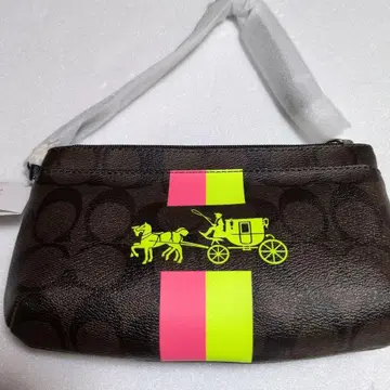 COACH 새상품, 브라운/네온 마차 프린트 파우치 F52703