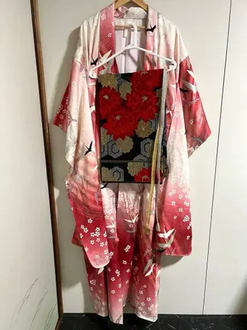 기모노 후리소데 핑크 반짝반짝 학과 벚꽃 무늬 오비 포함 세트