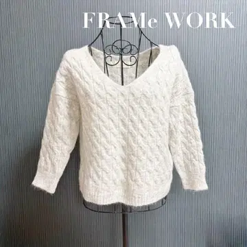 프레임 워크 V넥 케이블 짜임 니트 그레이 울 모헤어