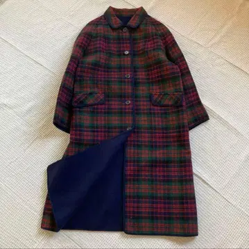 체크 무늬 롱 코트 (네이비)