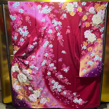 후리소데 순수 실크 성인식 은색 코스모스 모란 빨간색