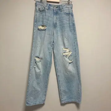 데미지 가공 라이트 블루 데님 와이드 레그