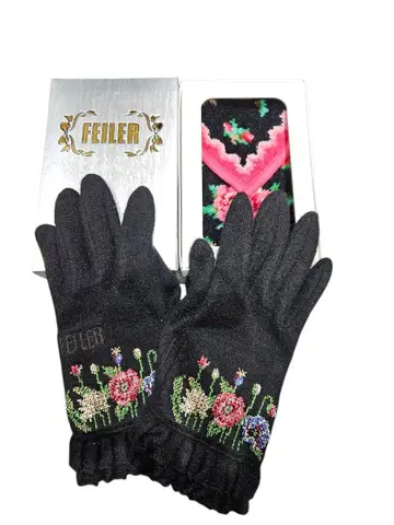 FEILER 꽃무늬 자수 손수건 장갑 세트