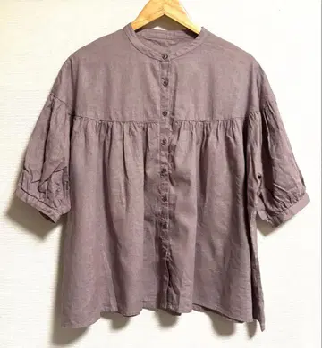핑크 퍼플 면 린넨 반팔 셔츠
