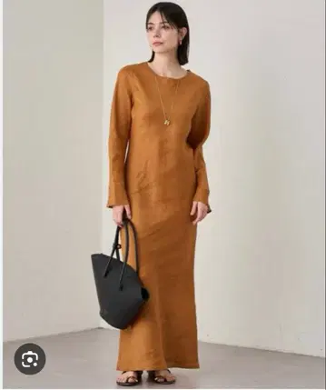 라운지 드레스 브라운 긴팔 린넨 롱 원피스