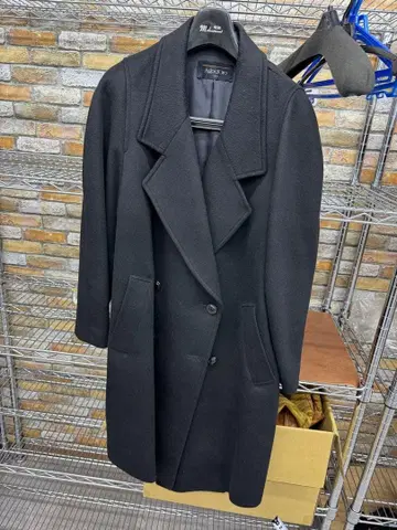 블랙 더블 브레스트 롱 코트 캐시미어 100% agodoro