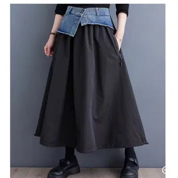 나일론 x 데님 밑단 드로스트 롱 스커트 벌룬