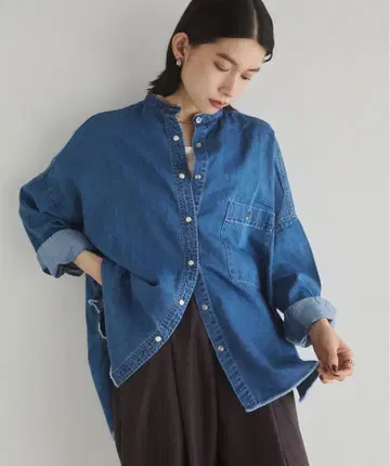 [ 미사용 새상품 ] 라이트 온스 데님 밴드 카라 오버 사이즈 셔츠