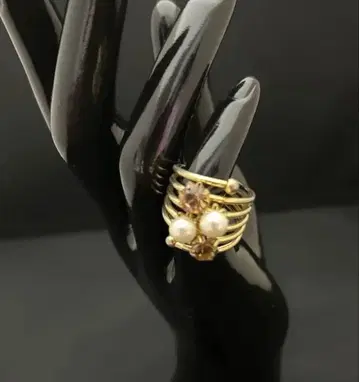 골드톤 펄 크리스탈 반지