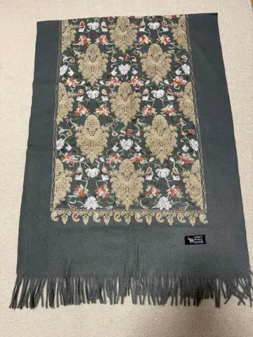 캐시미어 100% 울 꽃무늬 자수 스톨 그레이