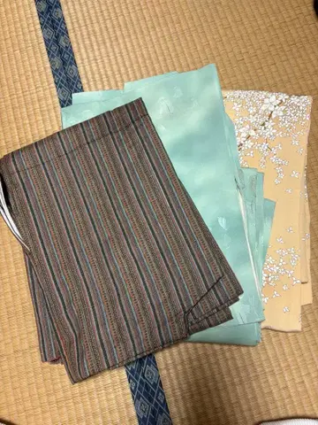 코몬 기모노 세트 (스트라이프, 스카이블루, 꽃무늬)